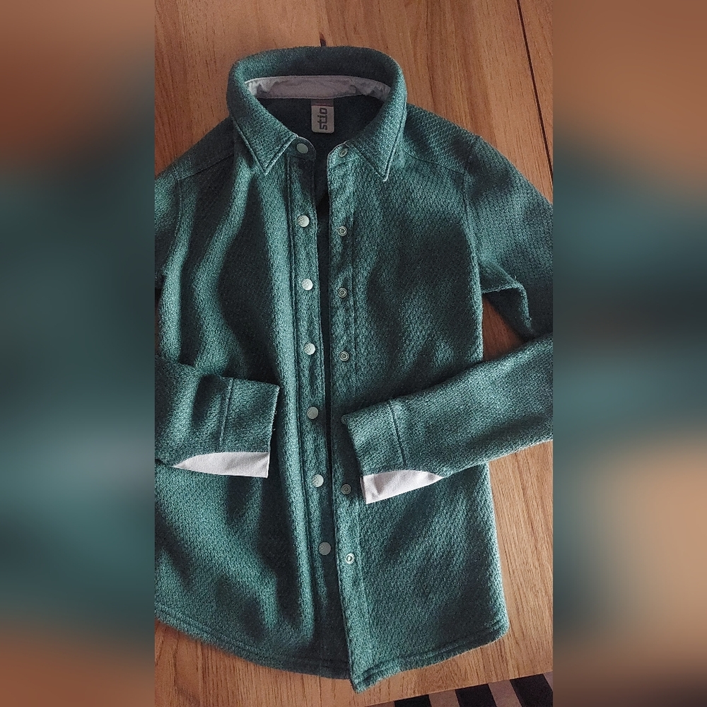 Stio Small Thermop Fleece Snap Button Shirt Green Teal Long Sleece Womens